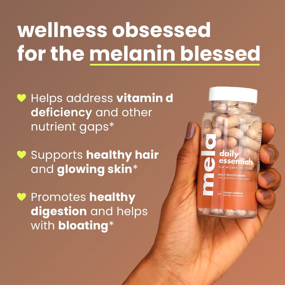 Mela Daily Essentials Multivitamínico para Mujeres con Melanina - Alta Dosis de Vitamina D3 y B12, Probióticos, Melena de León, Canela de Ceilán - Vegano, Sin Gluten, Sin OGM, Suministro para 30 Días (60 Cápsulas)
