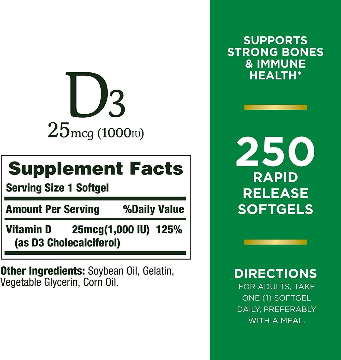 Nature's Bounty Vitamina D3 1000 IU, 250 Cápsulas Blandas de Liberación Rápida (Pack de 3)