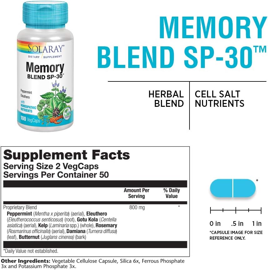 SOLARAY Memory Blend SP-30 - Mezcla Herbal con Sales Celulares para Apoyar Memoria, Concentración y Enfoque | Vegano, No-GMO | 100 Cápsulas Vegetales (50 Dosis)