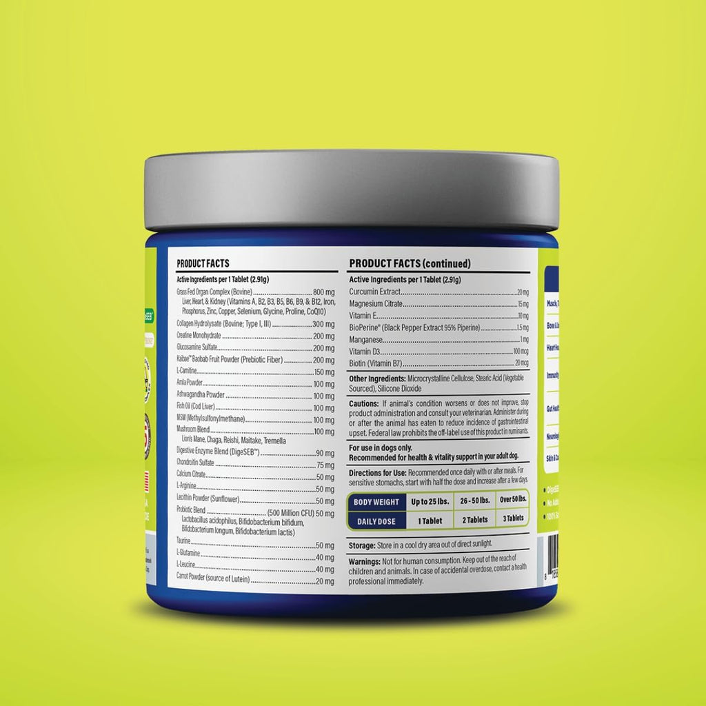 Vetericyn All-in 1 Suplemento Multifuncional para Perros | Enzimas Digestivas + Glucosamina y Condroitina para Huesos y Articulaciones + Vitaminas, Antioxidantes, Prebióticos, Probióticos y Omega. 90 Comprimidos