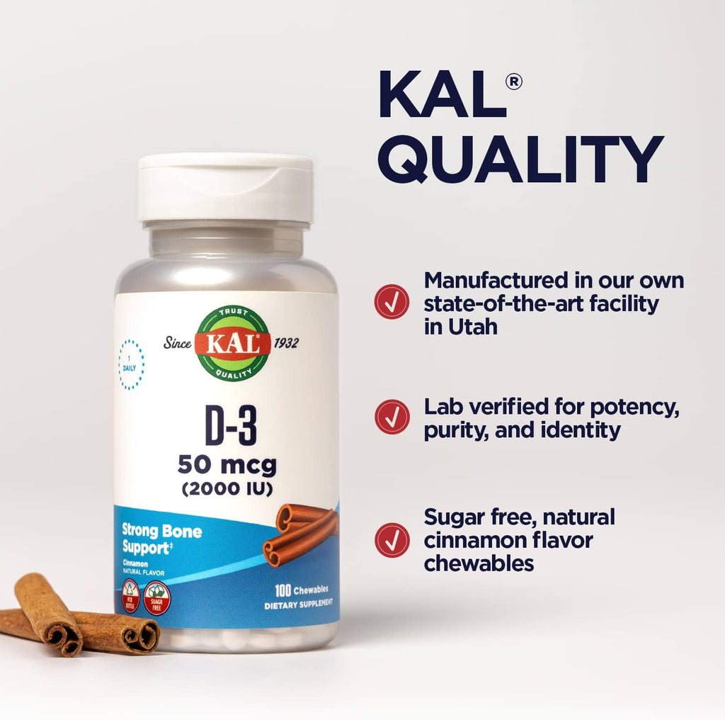 KAL Vitamina D3 Masticable 2000 UI (50 mcg) - Sabor Canela Natural - Sin Azúcar - 100 Comprimidos