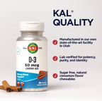 KAL Vitamina D3 Masticable 2000 UI (50 mcg) - Sabor Canela Natural - Sin Azúcar - 100 Comprimidos