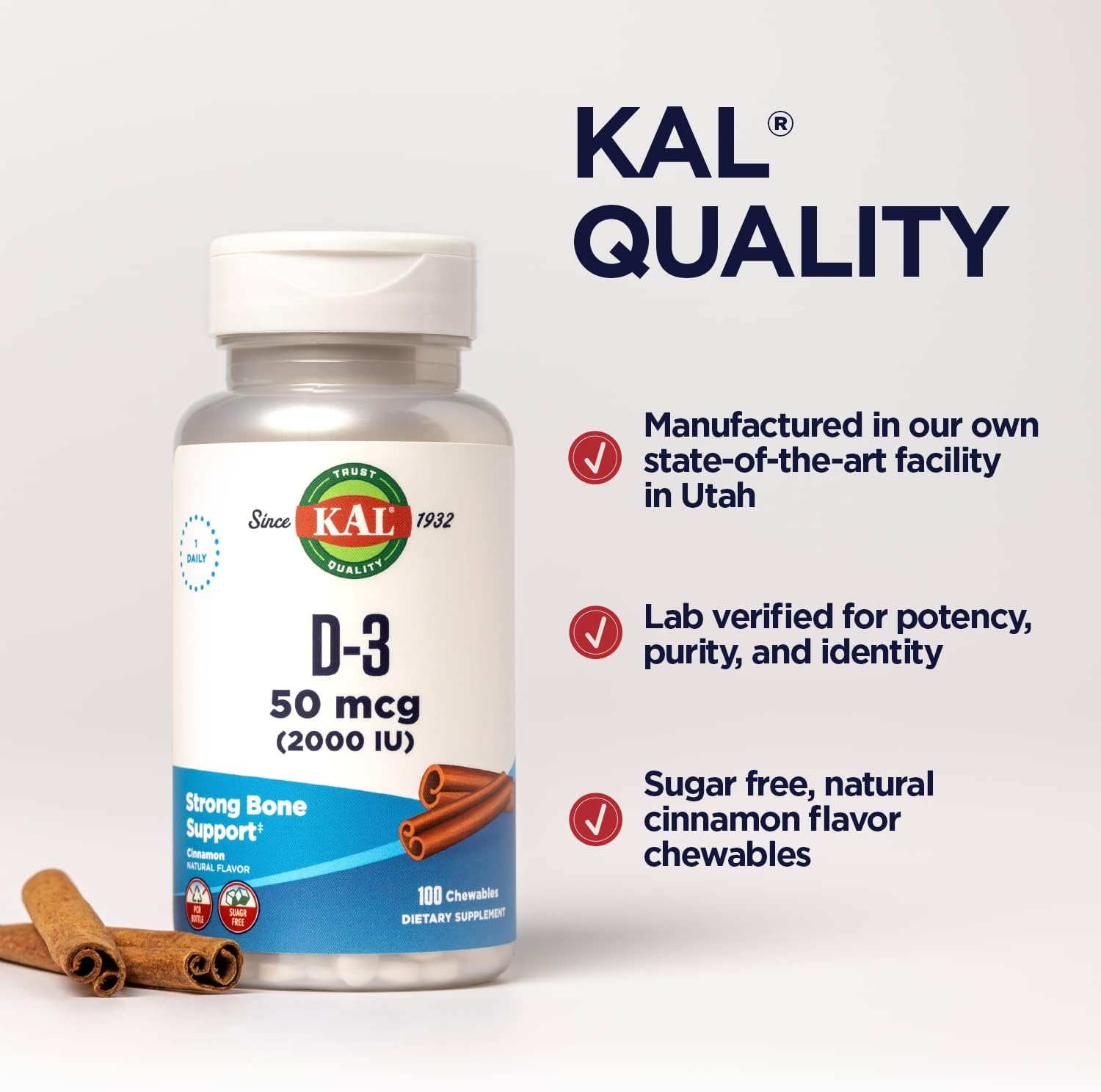 KAL Vitamina D3 Masticable 2000 UI (50 mcg) - Sabor Canela Natural - Sin Azúcar - 100 Comprimidos