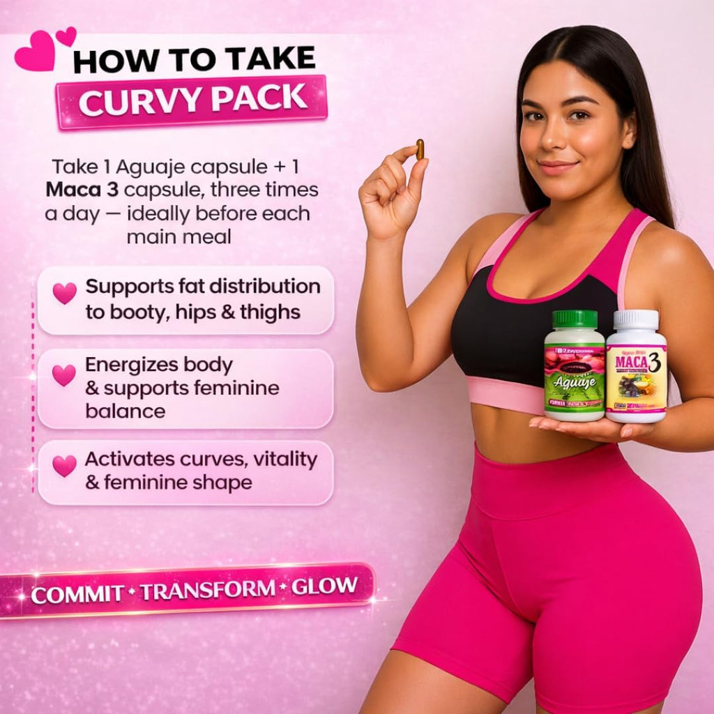 Curvy Pack – Aguaje + Maca 3 Cápsulas para Curvas Femeninas – Apoyo Hormonal Natural – 1 Mes de Suministro