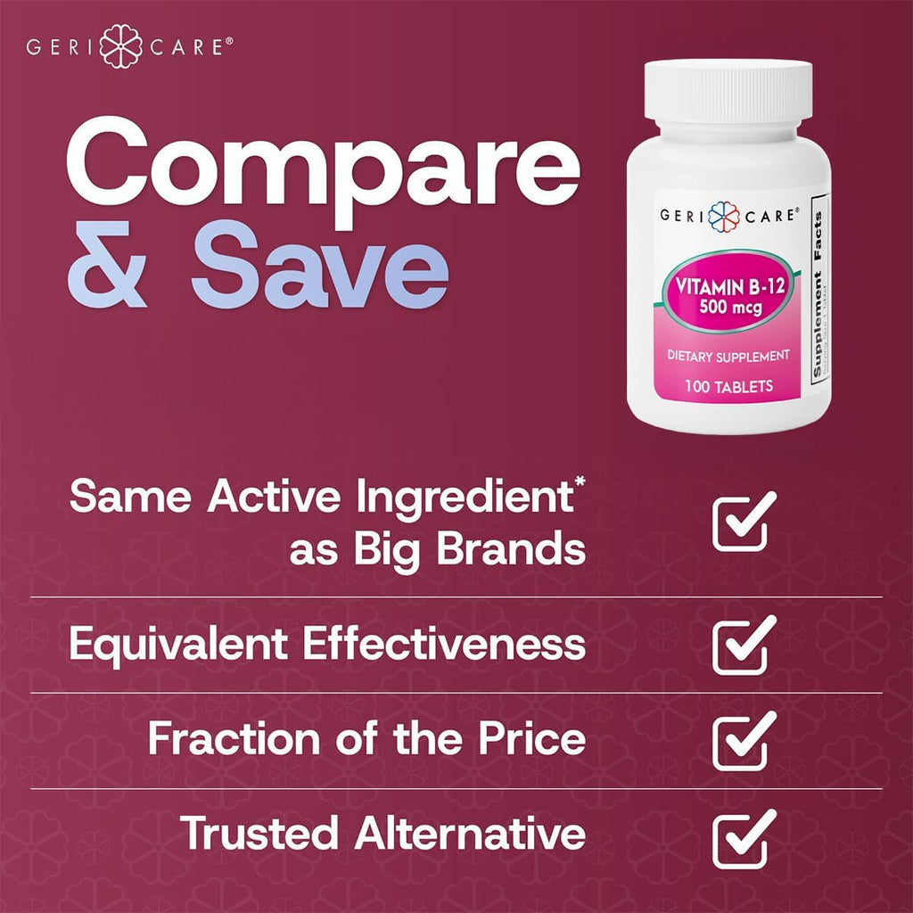 GeriCare Vitamina B12 500mcg – 100 Comprimidos para Energía y Salud Cerebral
