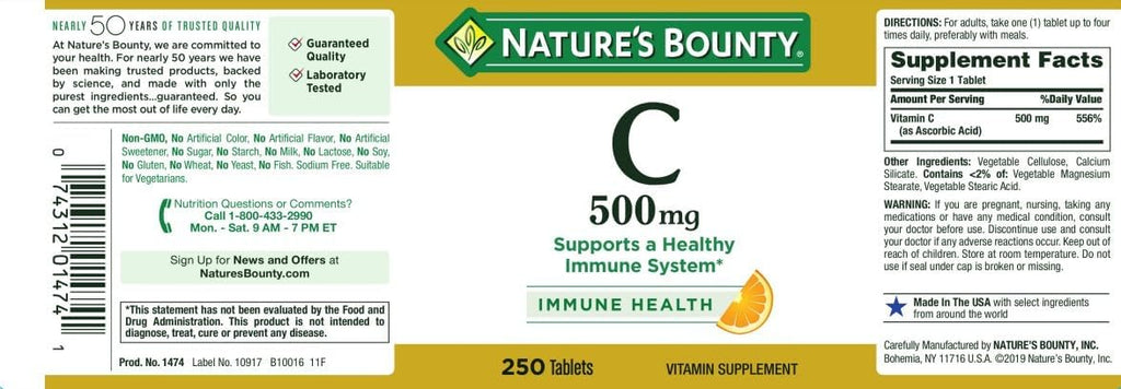 Nature's Bounty Vitamina C Pura 500 mg, 250 Comprimidos (Pack de 6)