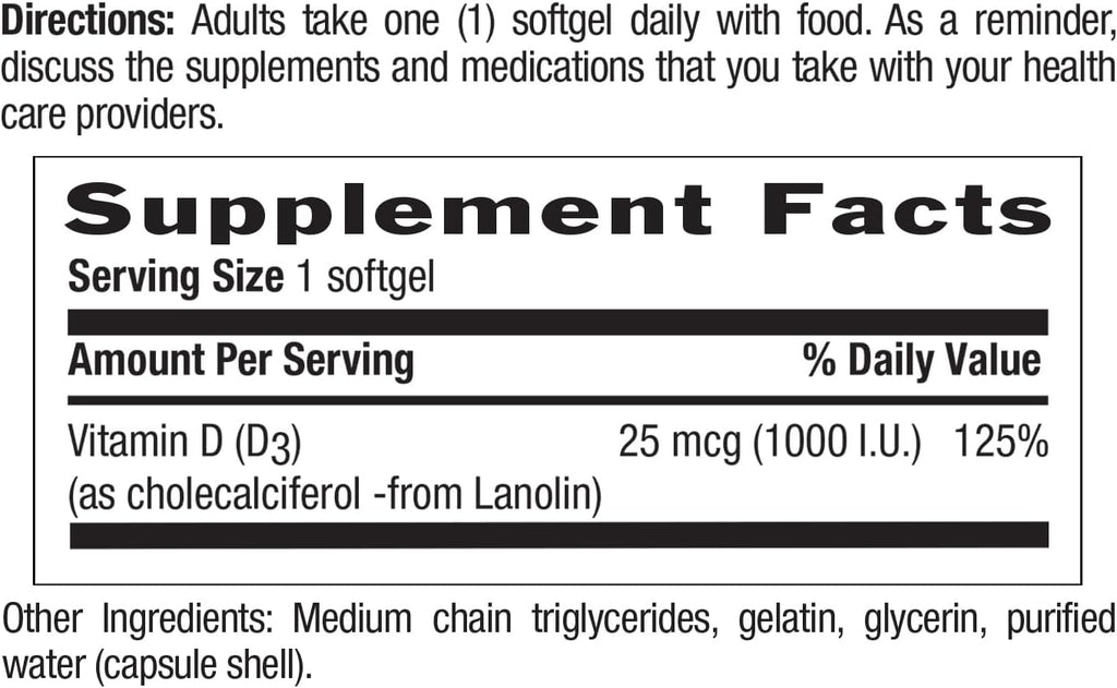 Country Life Vitamina D3 1000 UI (25 mcg) – 200 Cápsulas Blandas