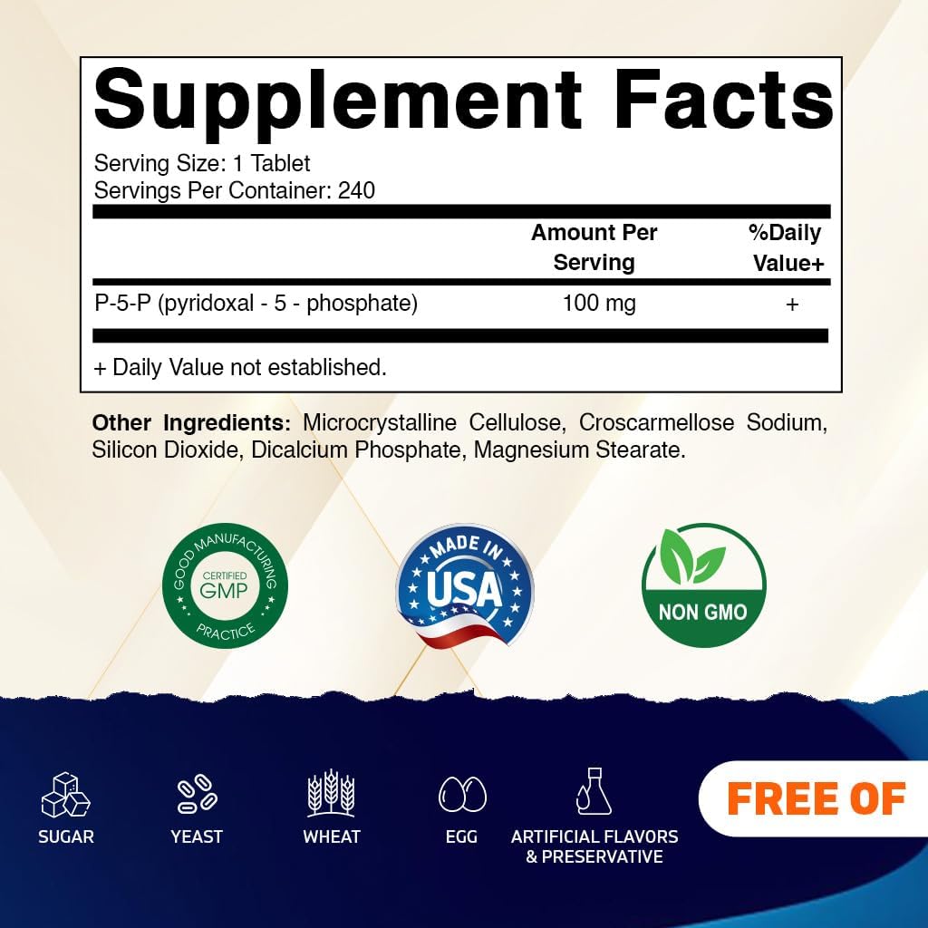 Vitamatic P5P 100 mg – Forma Activa de Vitamina B6 (Piridoxal Fosfato) – 240 Comprimidos