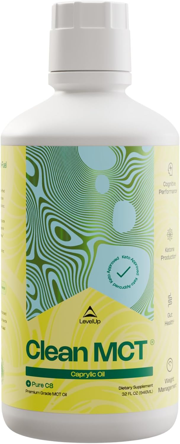 LevelUp Aceite MCT C8 Puro - 100 % Ácido Caprílico (de Coco) para Energía y Enfoque - Apto para Dieta Keto - Sin OGM (946 ml)