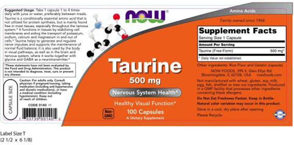NOW Taurine 500mg, 100 Cápsulas (Pack de 3)