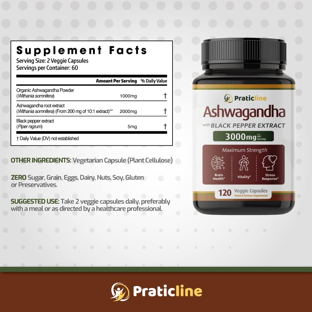 PRATIC LINE Ashwagandha Cápsulas 3000 mg - 120 Cápsulas Veganas con Polvo y Extracto de Raíz Orgánica. Sin Gluten. Hecho en EE. UU.