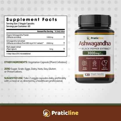 PRATIC LINE Ashwagandha Cápsulas 3000 mg - 120 Cápsulas Veganas con Polvo y Extracto de Raíz Orgánica. Sin Gluten. Hecho en – Image 8