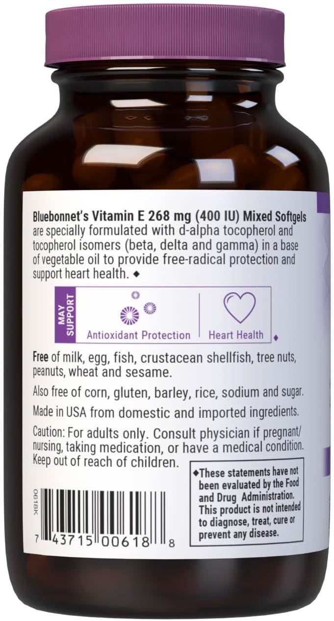Bluebonnet Nutrition Vitamin E 400 IU (268 mg) Mixed Tocopherols, Softgels - 100 Count