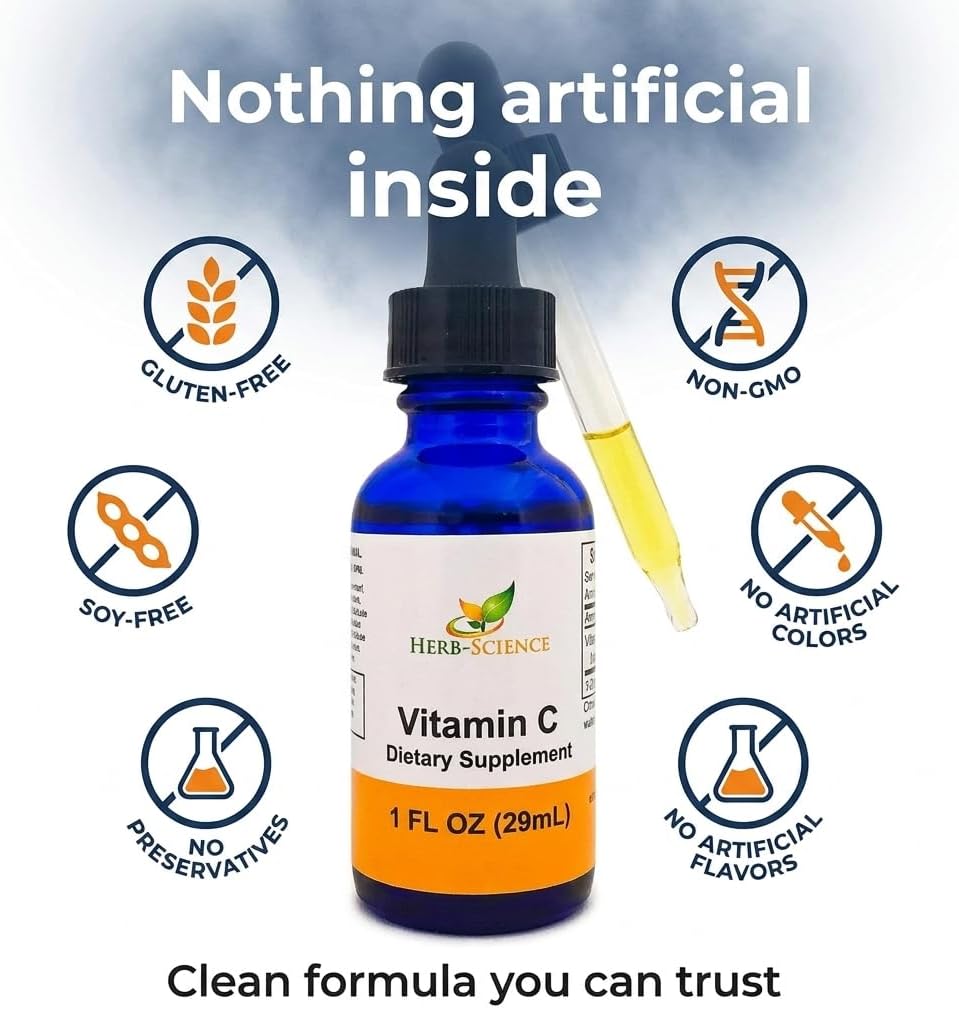 Herb-Science Vitamina C Líquida – Ácido Ascórbico Prensado en Frío, Gotas Sublinguales, Vegano, Sin Alcohol