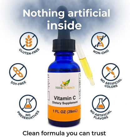 Herb-Science Vitamina C Líquida – Ácido Ascórbico Prensado en Frío, Gotas Sublinguales, Vegano, Sin Alcohol – Image 3