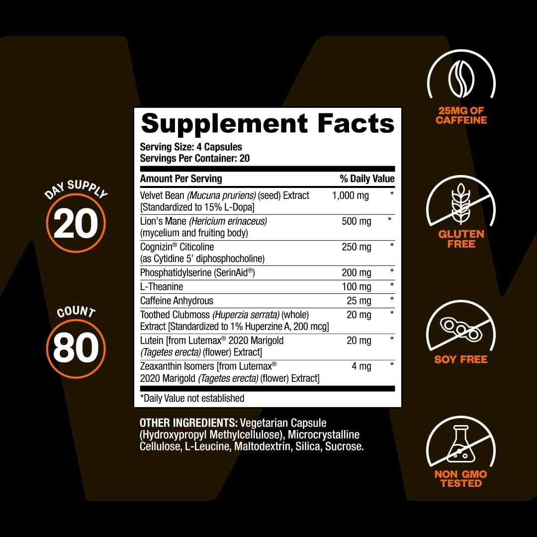 ONNIT Alpha Brain Black Label Cápsulas, Suplemento Cognitivo con Citicolina, Melena de León y Luteína, 80 Unidades