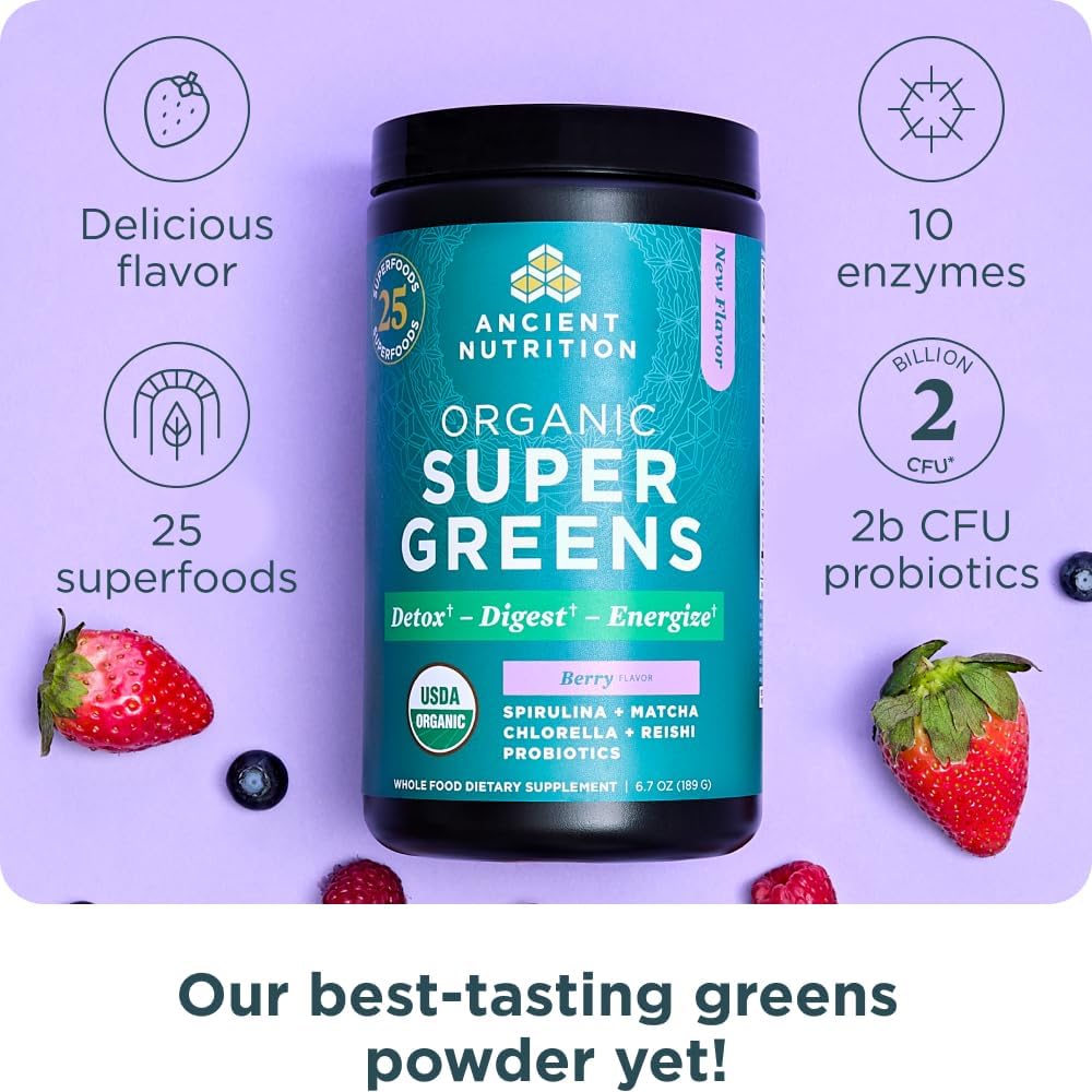 Ancient Nutrition SuperGreens Powder con Probióticos, Sabor Bayas Orgánico, 25 Servicios, 190g
