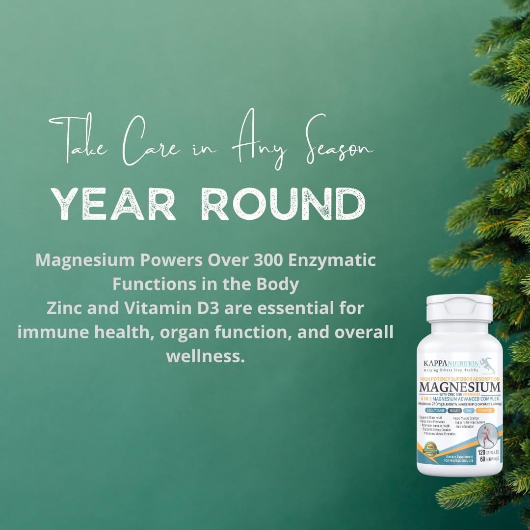 Kappa Nutrition Magnesio 4-en-1, 280mg Magnesio Elemental (Bisglicinato, Malato) + Zinc y Vitamina D3, 120 Cápsulas Veganas