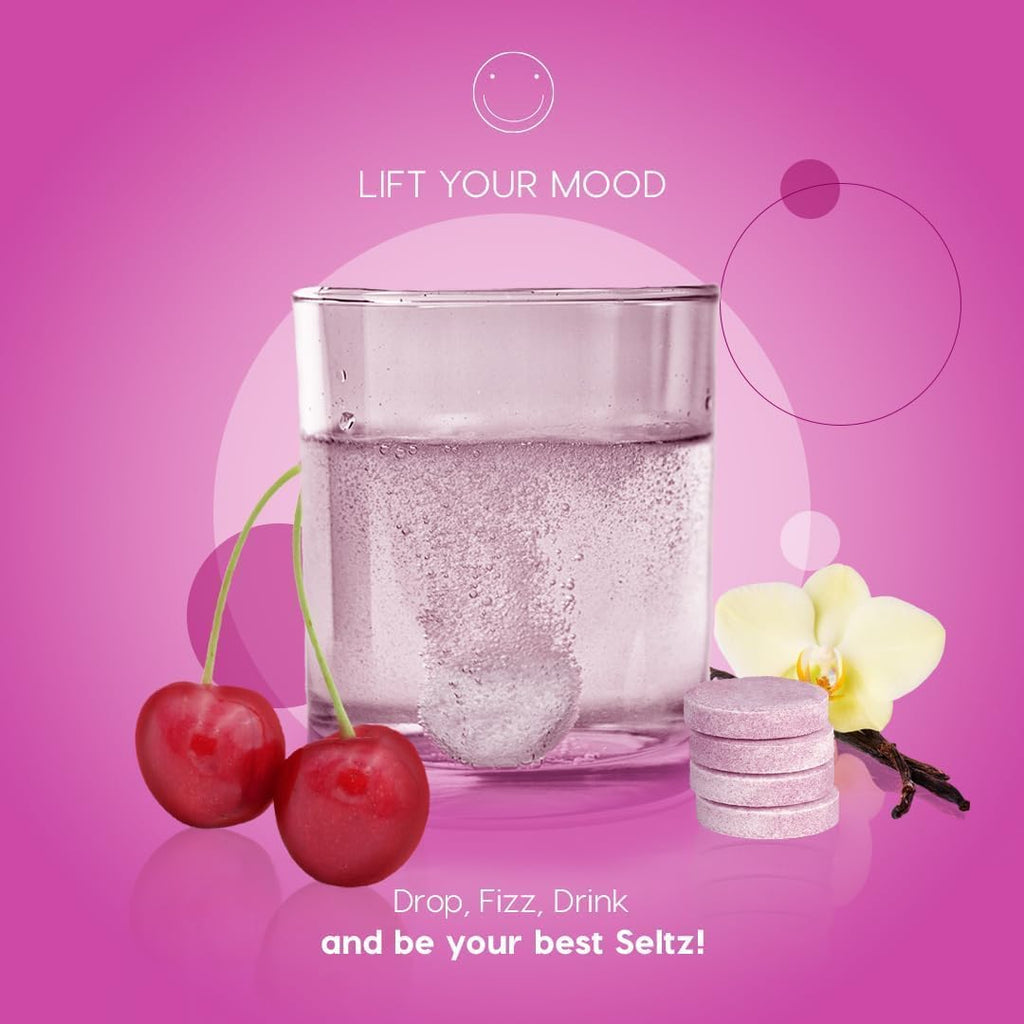Seltz Mood Support Drink Tablets, Effervescent Tablets to Lift Your Mood, Saffron Supplement, with L-Tryptophan B3, B6, B12, Mood and Energy Support, Cherry Vanilla Flavor, 120 Tabs 6 Pack