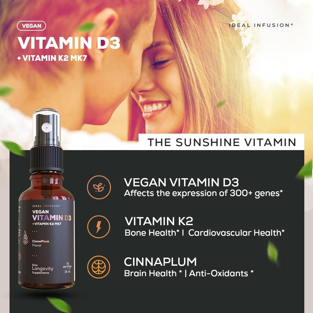 Ideal Infusion Vitamina D3 5000 UI con K2 (MK-7) Spray Líquido Vegano - Sabor Ciruela Orgánica y Canela (75 Dosis)