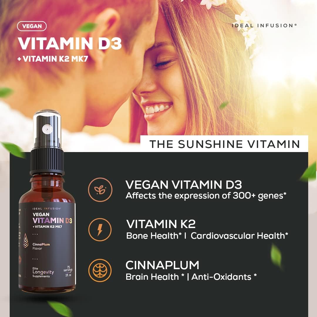 Ideal Infusion Vitamina D3 5000 UI con K2 (MK-7) Spray Líquido Vegano - Sabor Ciruela Orgánica y Canela (75 Dosis)