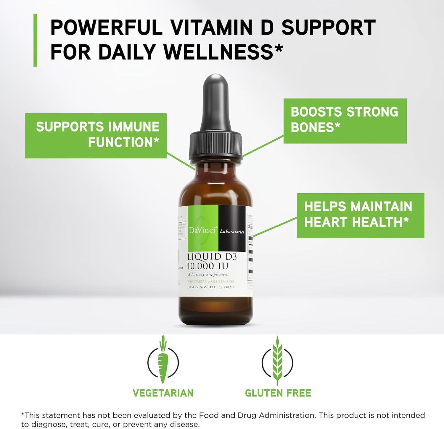 DAVINCI Labs Liquid D3 10.000 UI - Suplemento de Vitamina D3 Líquido - Apoyo Óseo e Inmunitario - Sin Gluten - 30 ml