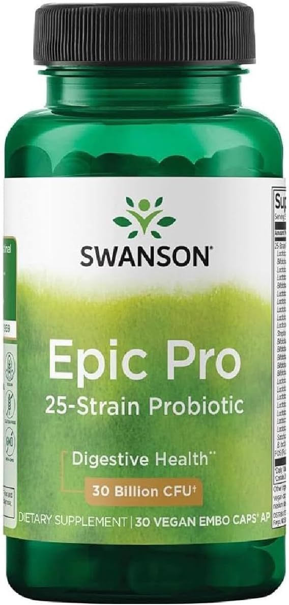 Swanson Epic-Pro 25 Cepas Probiótico con Prebiótico FOS - 30 mil millones UFC (30 Cápsulas Veganas DRcaps)