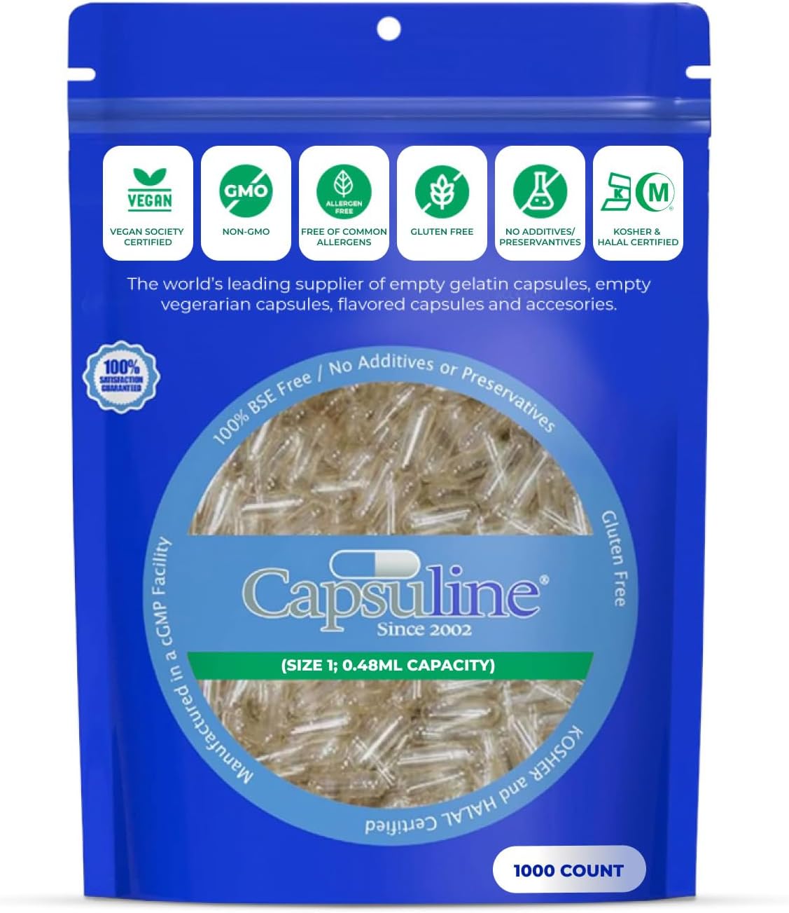 Capsuline Cápsulas Veganas Vacías Tamaño 1 - 5000 Unidades - Cápsulas Vegetales Transparentes para DIY - Certificadas Kosher, Halal y No GMO