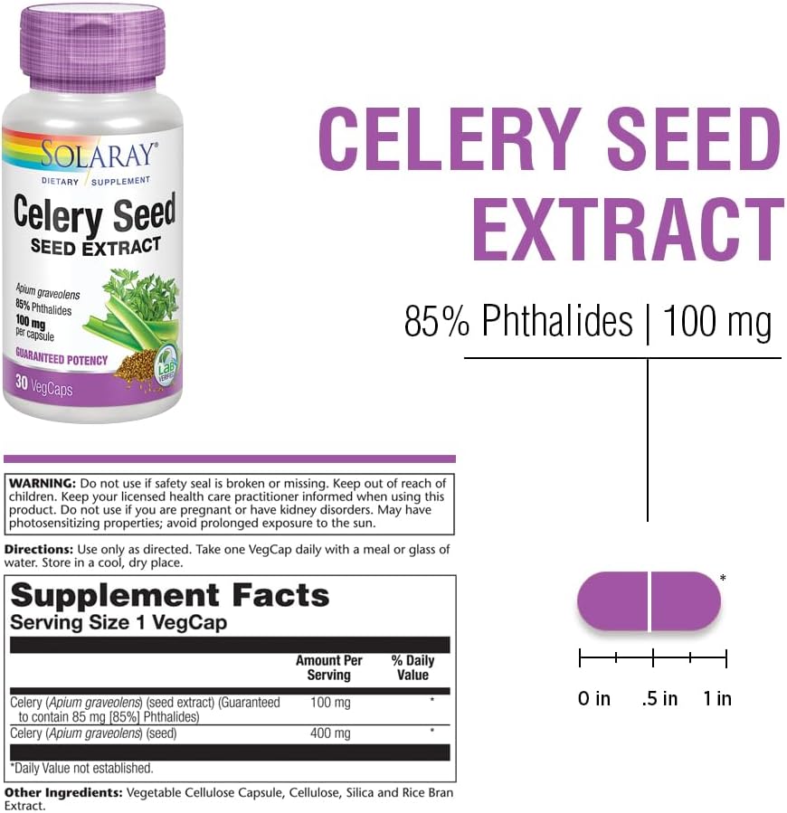 Solaray Extracto de Semilla de Apio - 100 mg, 85% Ftálidos, 30 Cápsulas Veganas