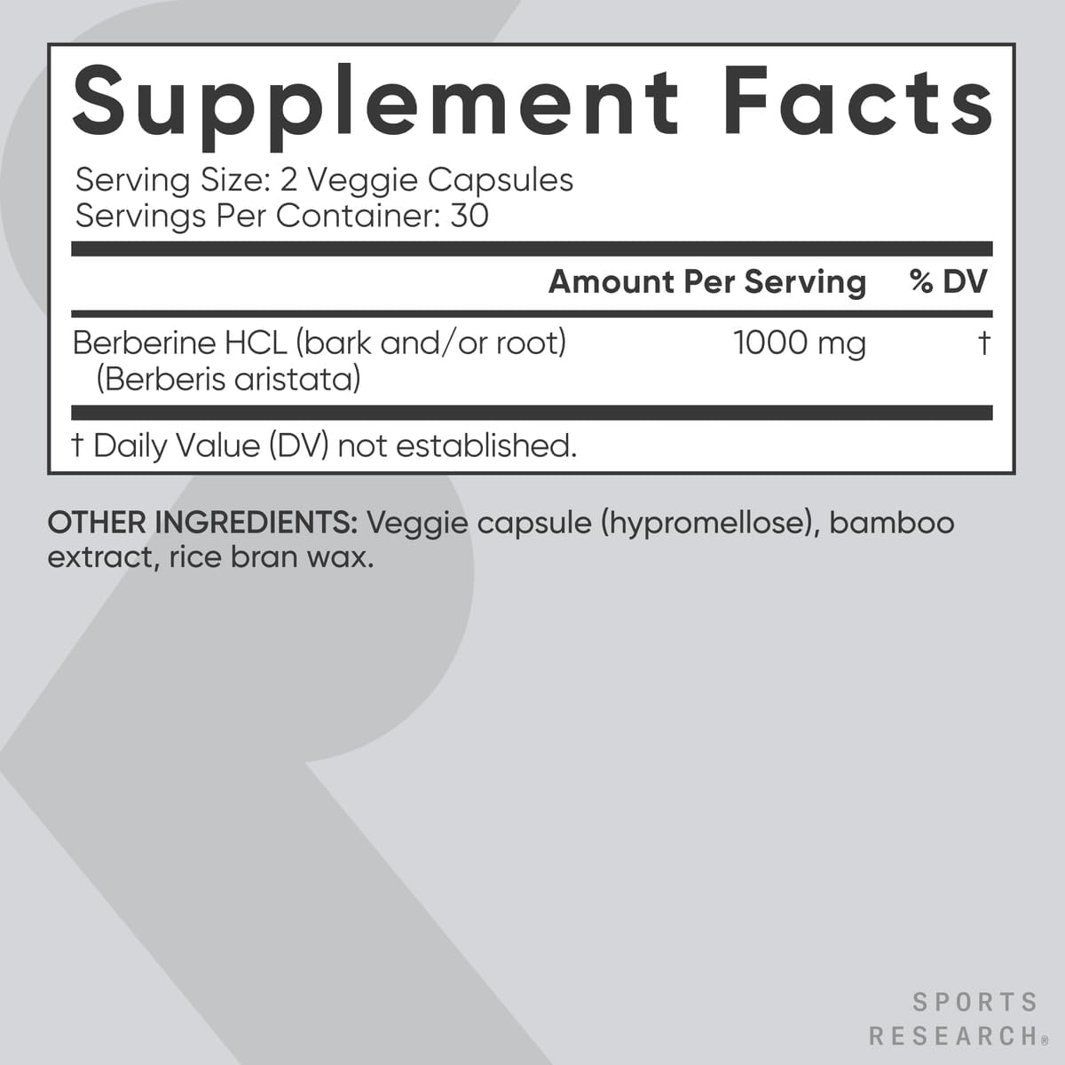 Sports Research Berberine - Suplemento Herbal Ayurvédico para el Apoyo Metabólico - 1000 mg - 60 Cápsulas - Vegano, Sin Gluten, No Transgénico