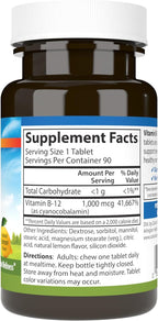 Carlson - B12 Masticable, 1000 mcg, Sabor Limón, 90 Comprimidos