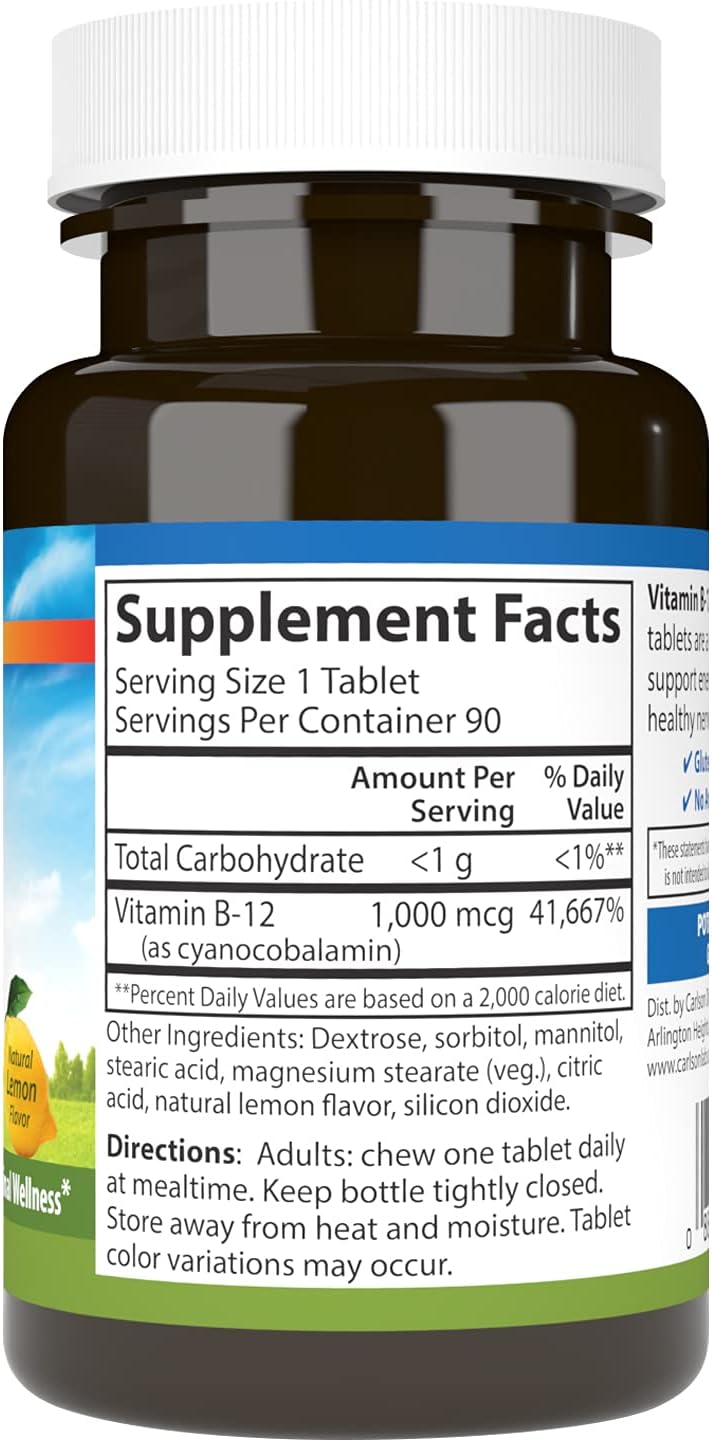 Carlson - B12 Masticable, 1000 mcg, Sabor Limón, 90 Comprimidos