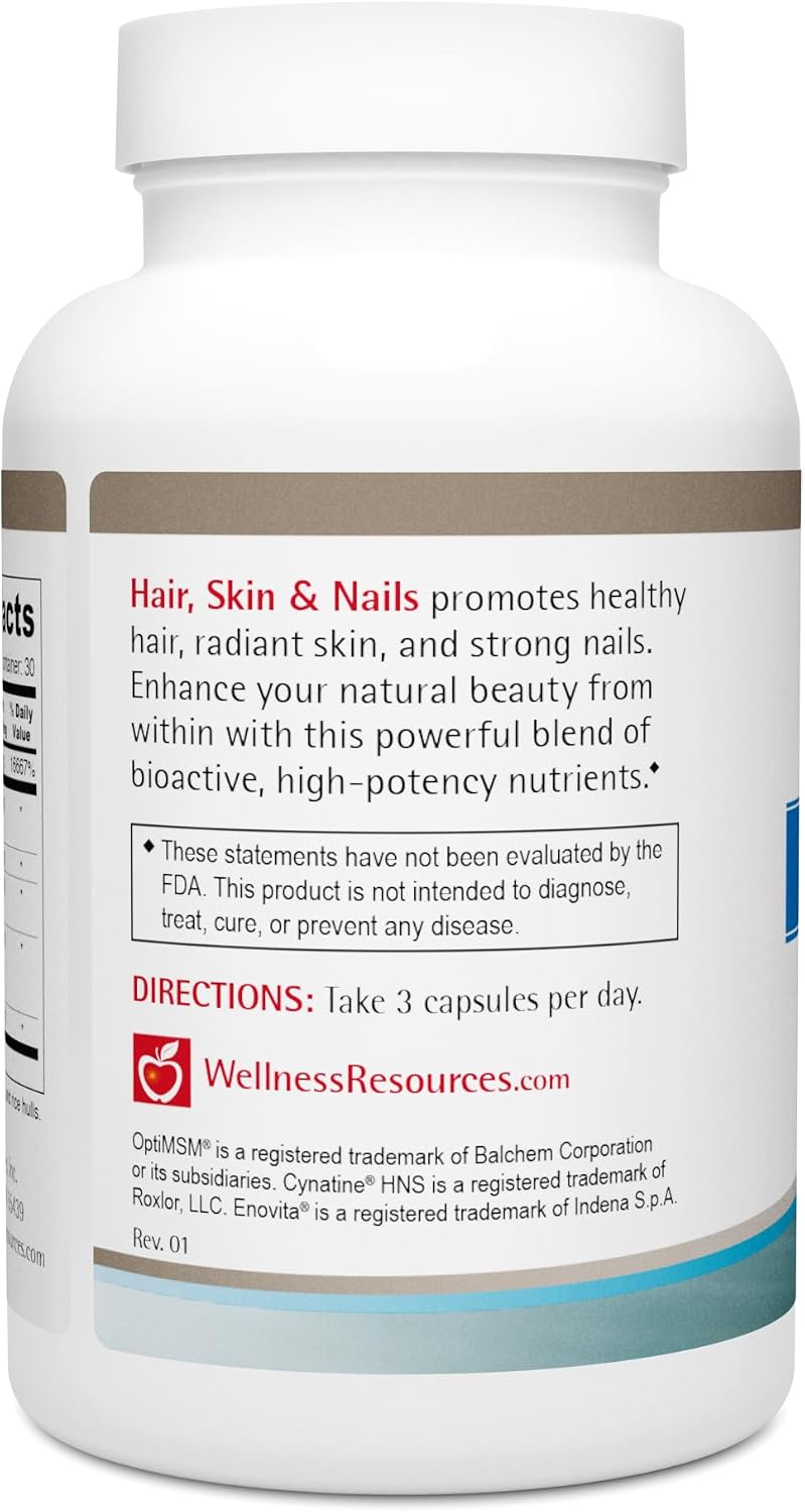 Wellness Resources Hair, Skin & Nails con Biotina, Queratina y MSM – 90 Cápsulas