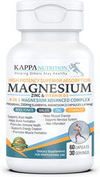 Kappa Nutrition Magnesio 4-en-1, 280mg Magnesio Elemental (Bisglicinato, Malato) + Zinc y Vitamina D3, 120 Cápsulas Veganas