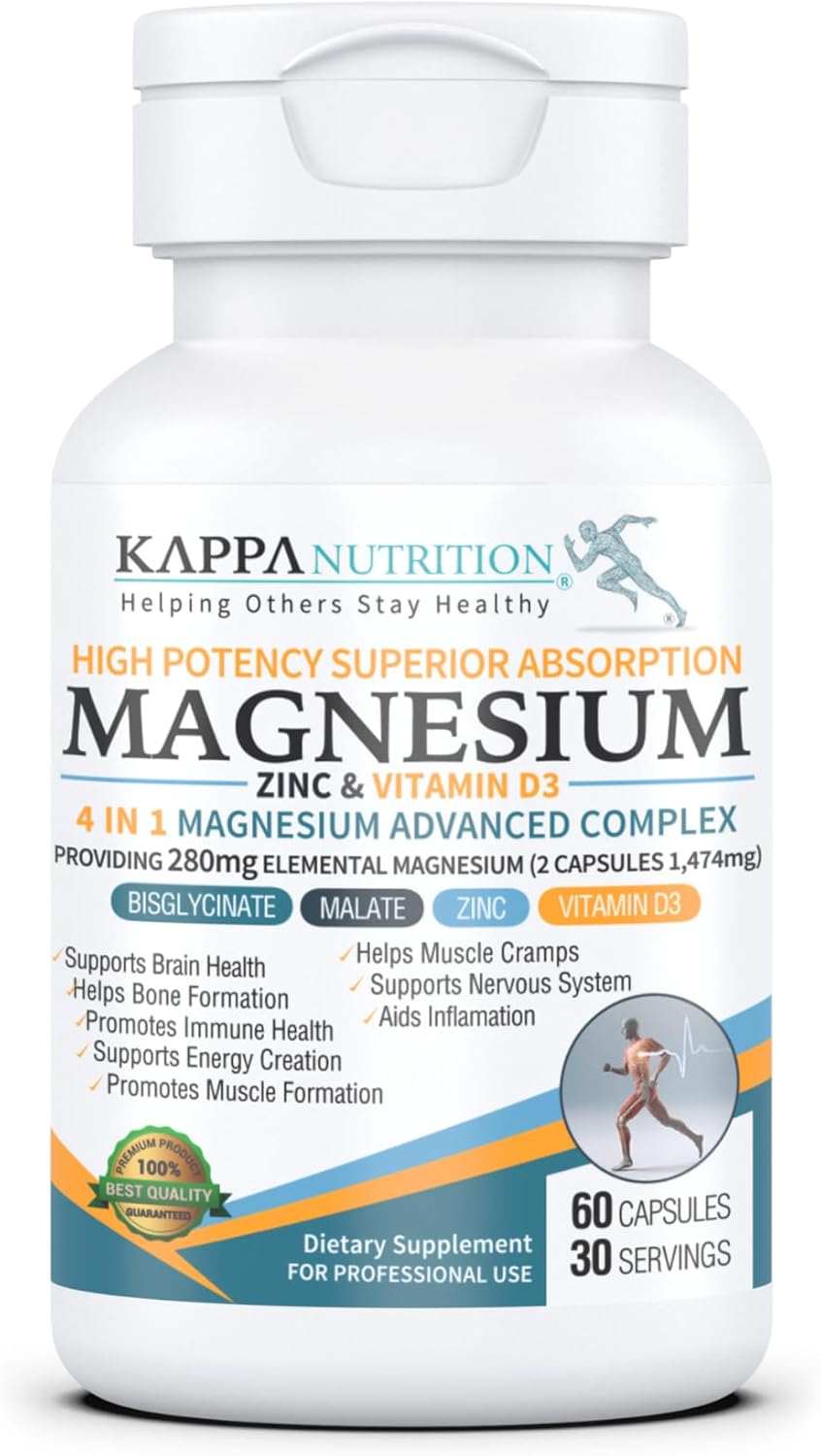 Kappa Nutrition Magnesio 4-en-1, 280mg Magnesio Elemental (Bisglicinato, Malato) + Zinc y Vitamina D3, 120 Cápsulas Veganas