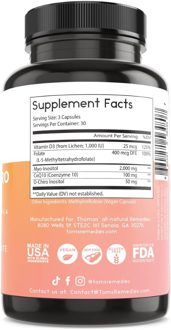 Thomas' all-natural Remedies Myo Inositol & D-Chiro Inositol 40:1 con Folato, Vitamina D3 y CoQ10 - 90 Cápsulas Veganas