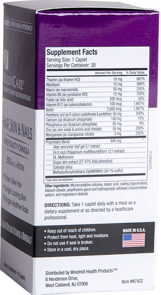 Rejuvicare Hair, Skin & Nails - Biotina 5000 mcg, Zinc y Folato - 30 cápsulas