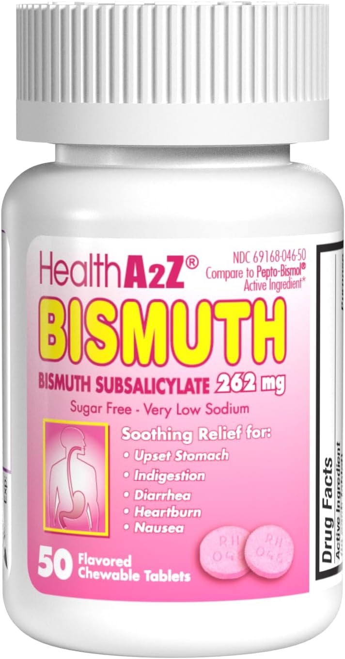 HealthA2Z® Bismuto | Subsalicilato de Bismuto 262 mg | Alivio Multisintomático | 50 Comprimidos Masticables