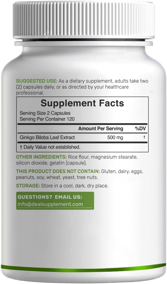 DEAL SUPPLEMENT Ginkgo Biloba 500mg - 240 Cápsulas - 4 Meses de Suministro
