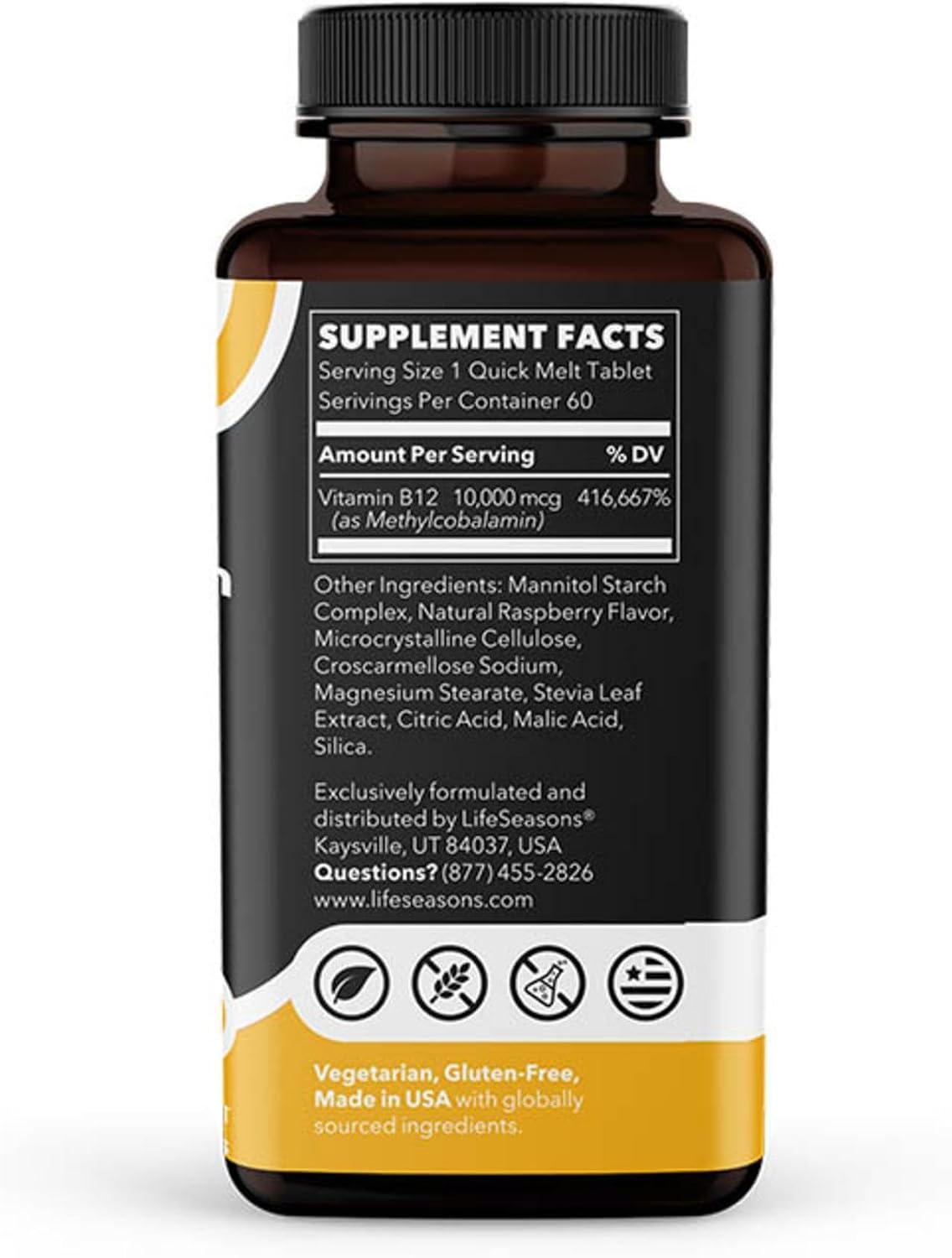 LifeSeasons Essentials Vitamina B12 10.000 mcg Quick Melts – Metilcobalamina B12 para la producción de energía y el soporte del sistema nervioso – Sabor a bayas – Comprimidos de disolución rápida – 60 comprimidos