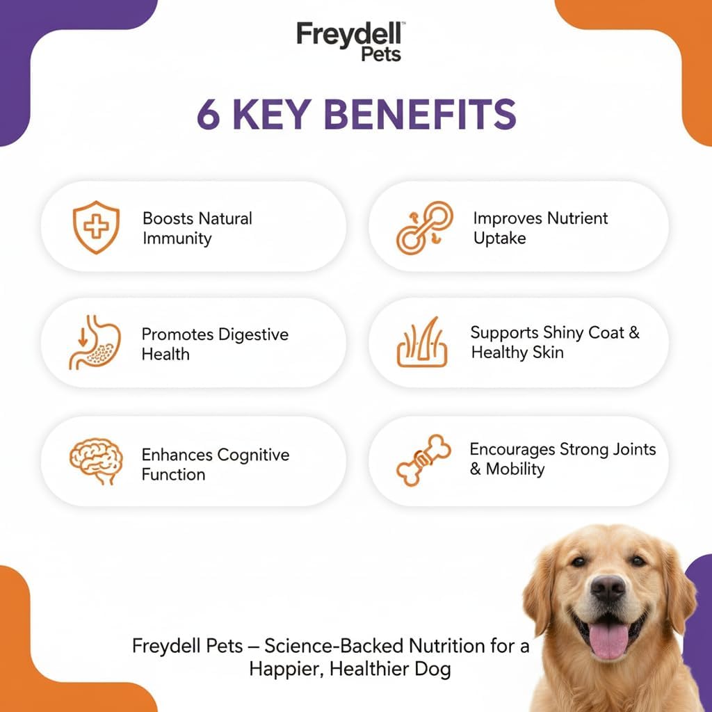 Freydell Pets Suplemento Multivitamínico 10-en-1 para Perros – Glucosamina y Condroitina, Probióticos, Omega-3 para Articulaciones, Digestión y Piel (120 masticables)