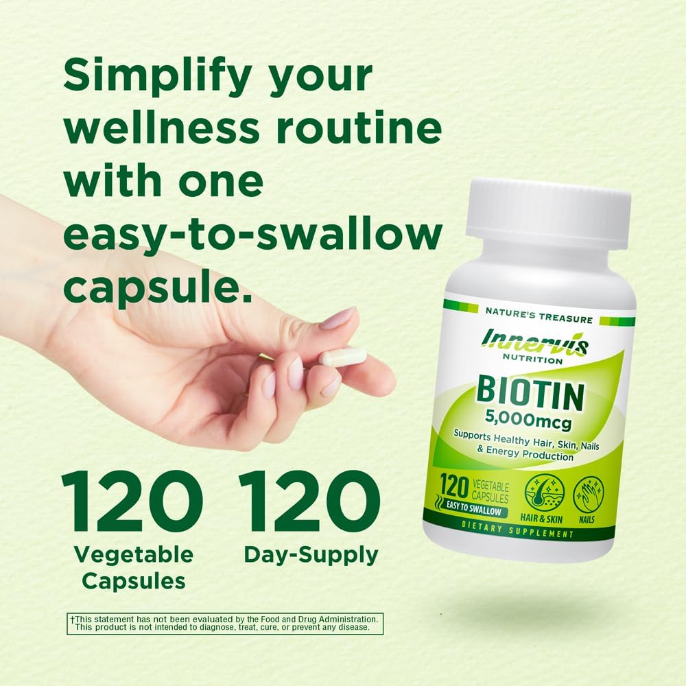 INNERVISNUTRITION High Potency Biotin 5000mcg – 120 Cápsulas Veganas