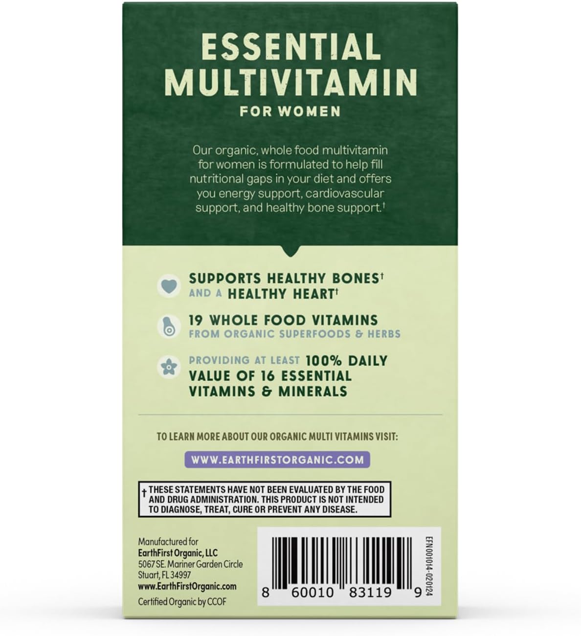 EarthFirst Organic Women’s Multi Once Daily - Multivitamínico para Mujer con Hierro y Vitamina B12 - 60 Comprimidos