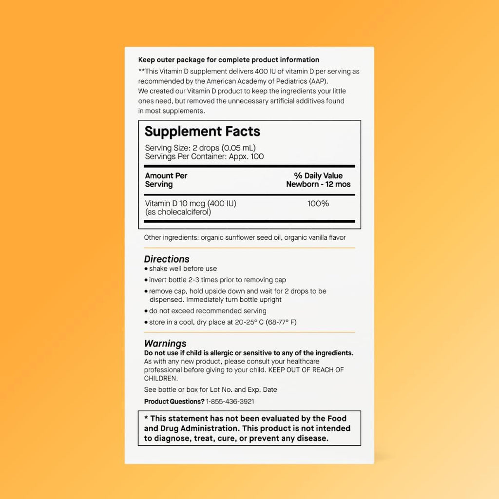 Genexa Gotas de Vitamina D para Bebés - Sabor Vainilla Orgánica - 270 dosis (3 frascos)