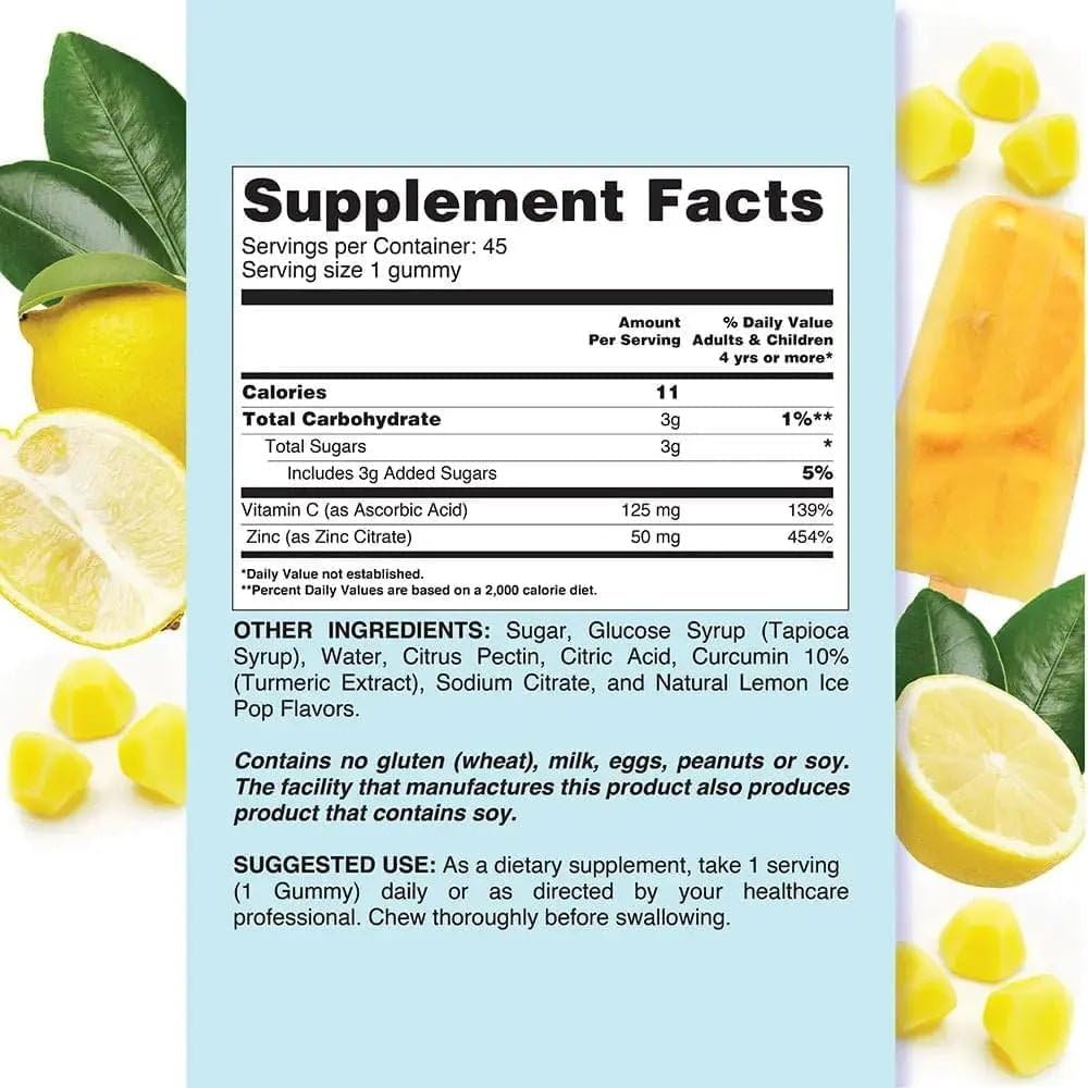 LIVS Gominolas de Vitamina C y Zinc para Adultos y Niños - 125mg Vitamina C y 20mg Zinc por Dosis - 45 Gominolas Veganas con Sabor a Limón
