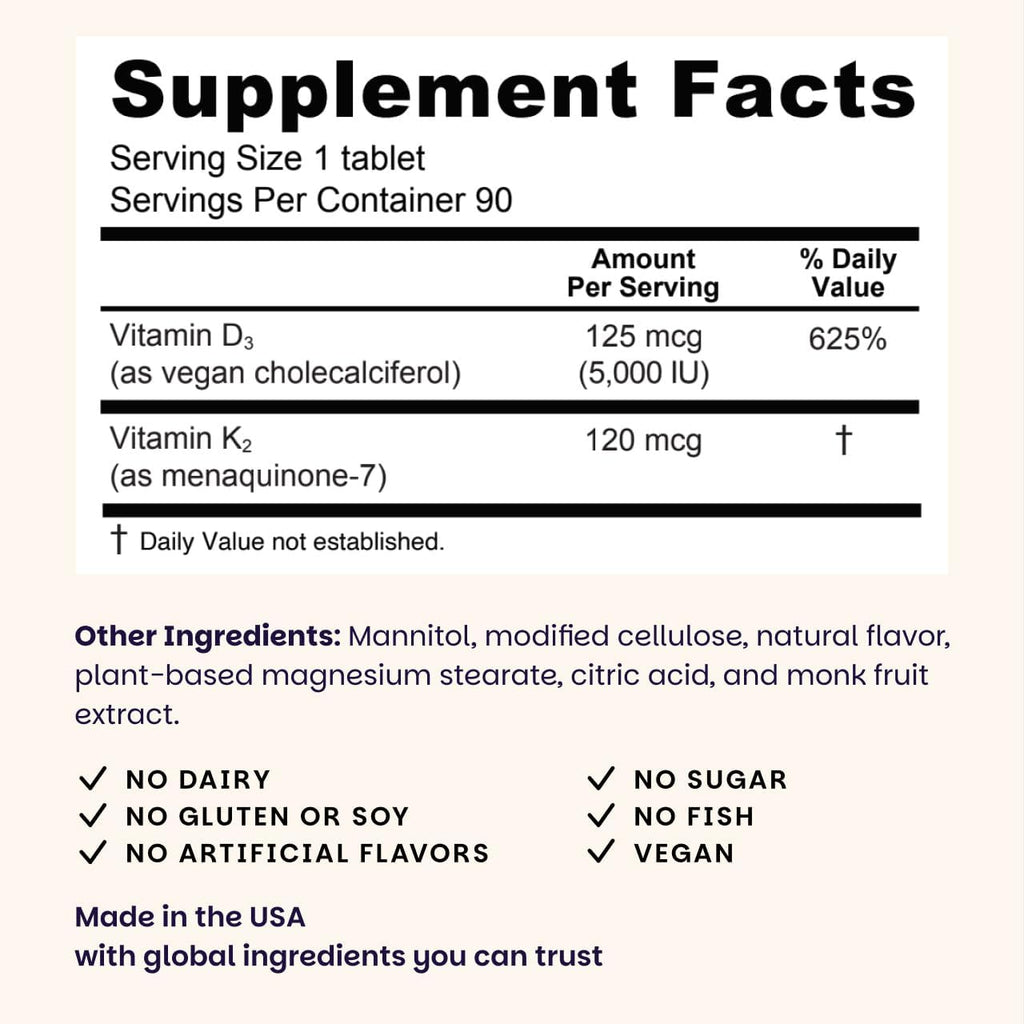 EZ Melts Vitamina D3 + K2 5000 UI, 90 Comprimidos Disolubles Veganos Sabor Manzana Verde