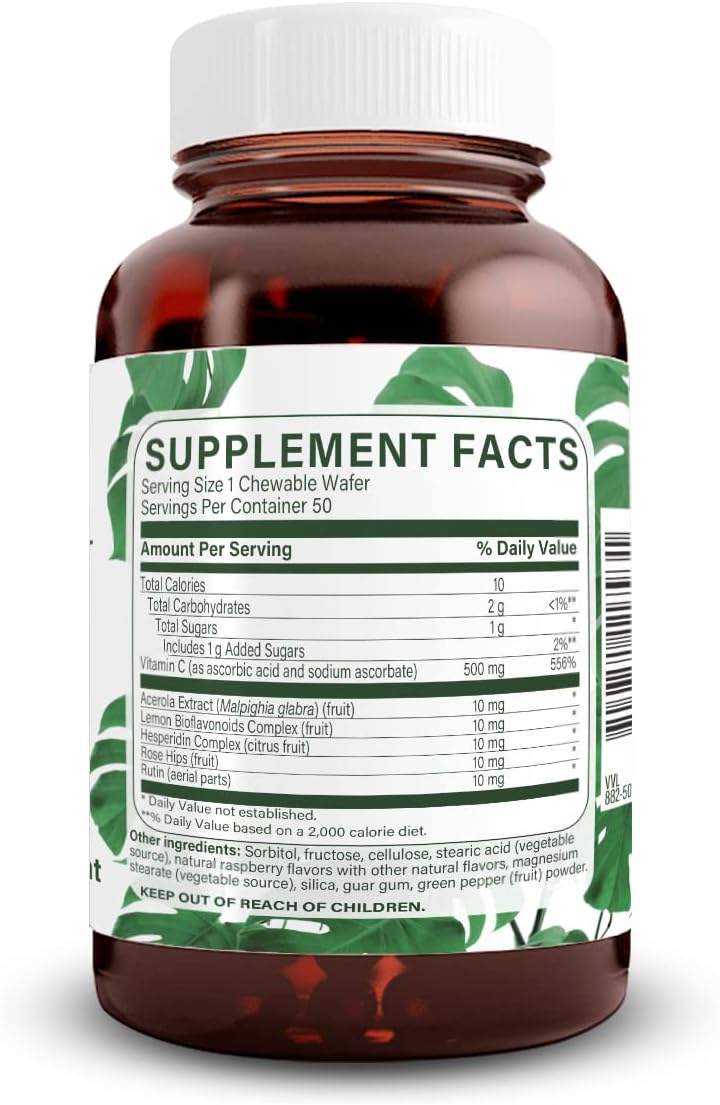 Natural Nutra Vitamina C 500 mg, 50 Comprimidos Veganos Sabor Frambuesa-Cereza