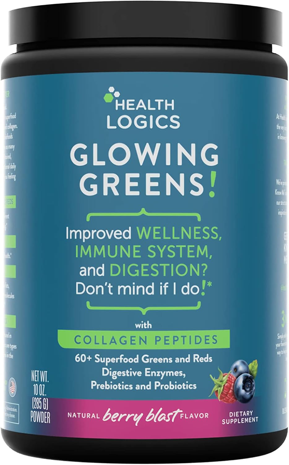 Health Logics Glowing Greens Superfood Powder with Collagen Peptides – Berry Blast