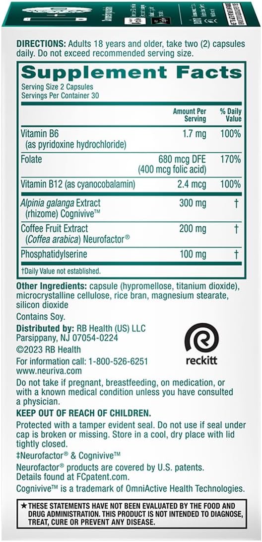 NEURIVA Ultra Decaf Suplemento Nootrópico para Memoria, Concentración y Enfoque, 60 Cápsulas (2 Paquetes)