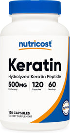 Nutricost Queratina Hidrolizada en Péptidos - 500mg, 120 Cápsulas (60 Porciones) - Fórmula No Transgénica y Sin Gluten